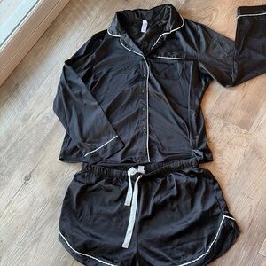 Black Satin Pajama Set with White Trim